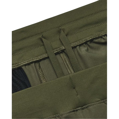 Close-up of green tactical pants with a pocket and strap detail.