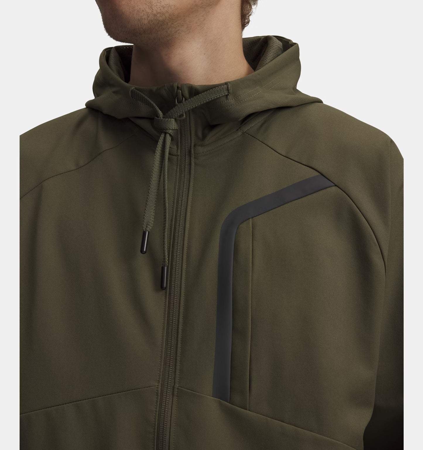 Green hooded jacket with black accents on a white background