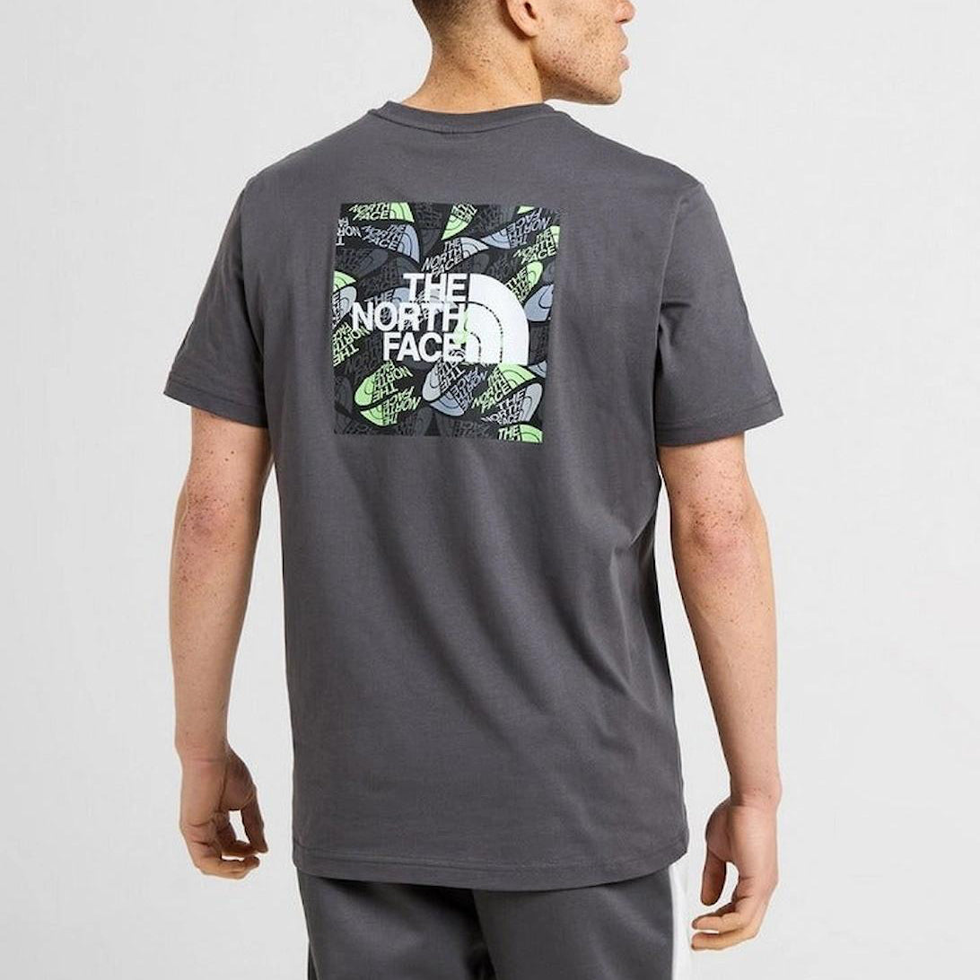 Person wearing a gray 'The North Face' t-shirt with a logo on the back against a white background
