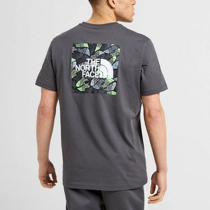 Person wearing a gray 'The North Face' t-shirt with a logo on the back against a white background